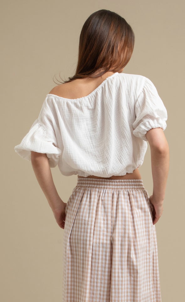 Textured Cotton Puff Sleeve Top Cream