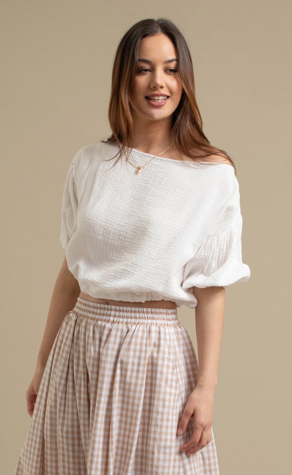 Textured Cotton Puff Sleeve Top Cream