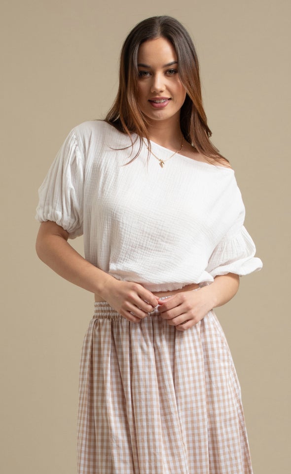 Textured Cotton Puff Sleeve Top Cream