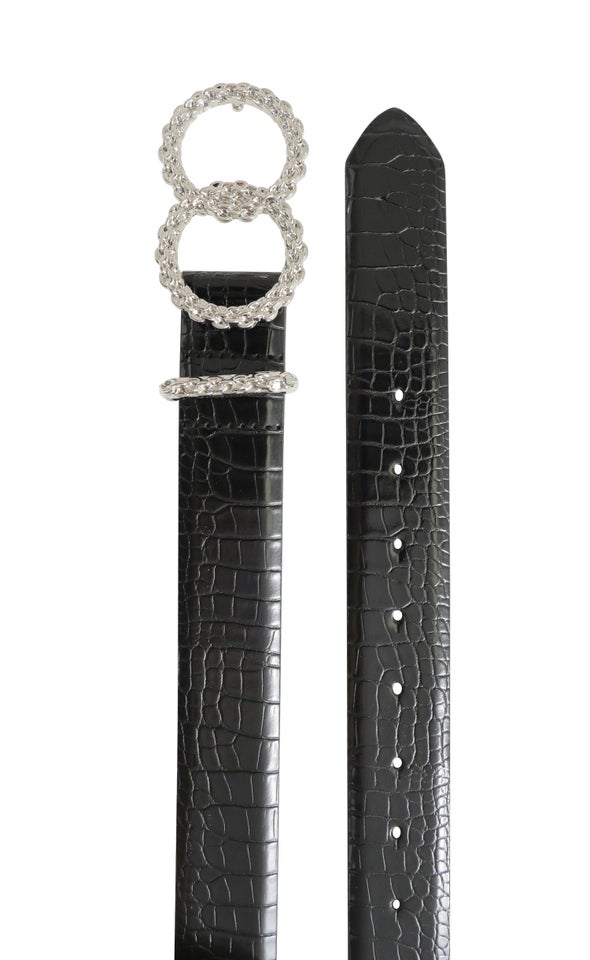 Textured Double Ring Buckle Belt Silver/black