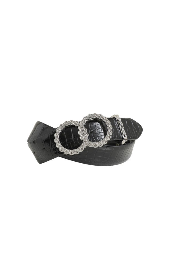 Textured Double Ring Buckle Belt Silver/black