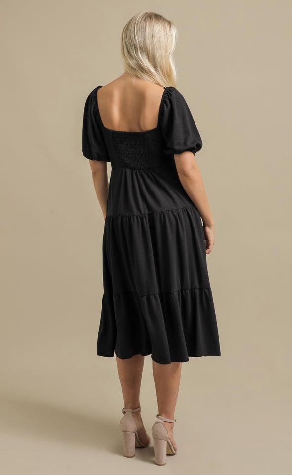 Textured Knit Tier Midi Dress Black