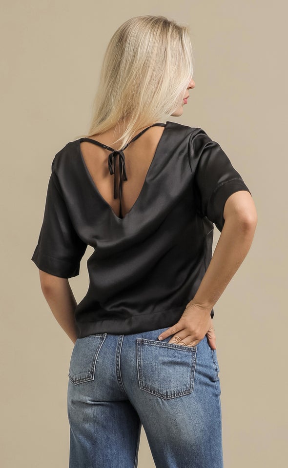 Textured Satin V Back Top Black