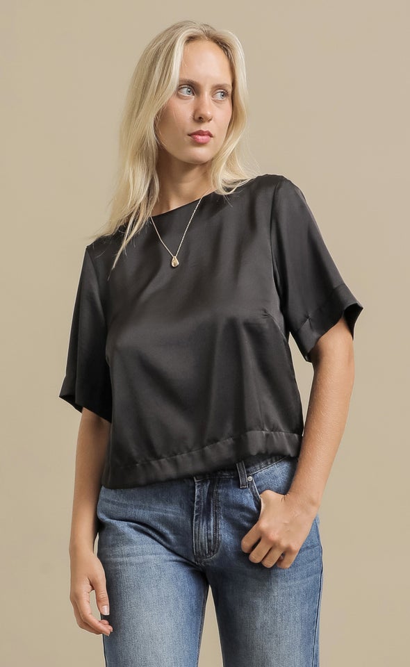 Textured Satin V Back Top Black