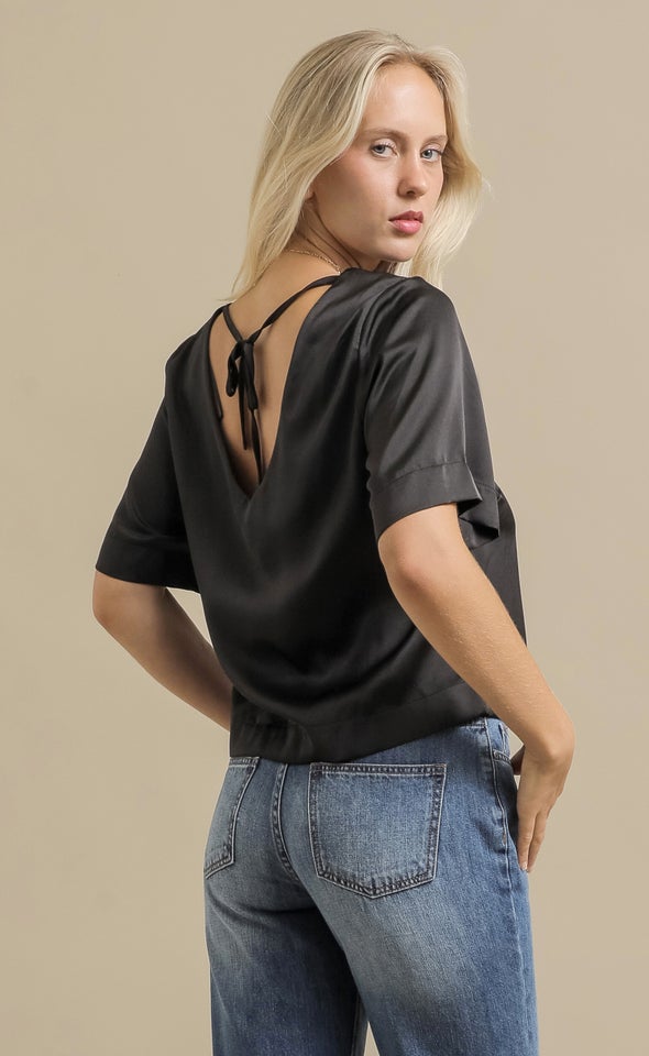 Textured Satin V Back Top Black