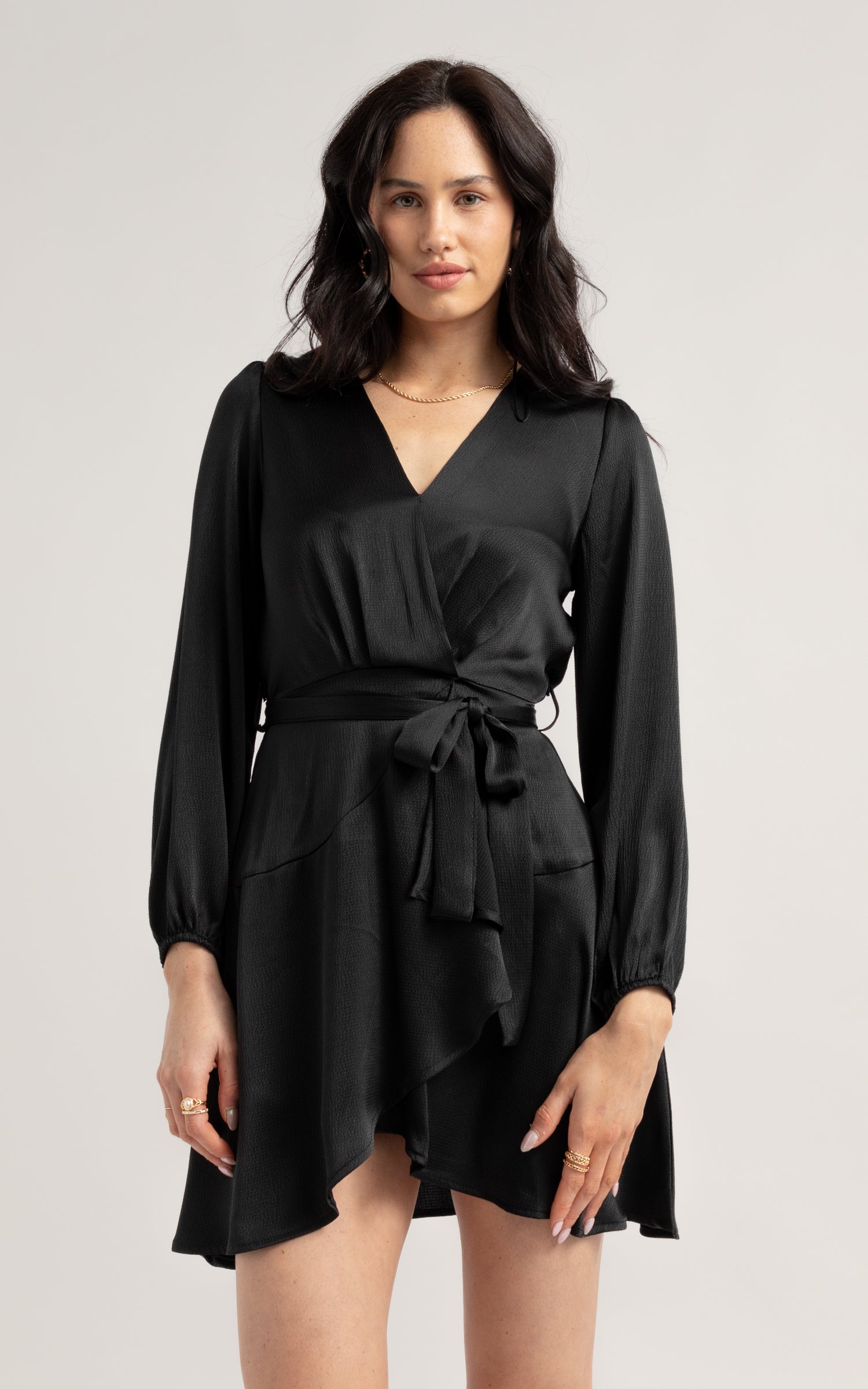 Black satin wrap on sale dress