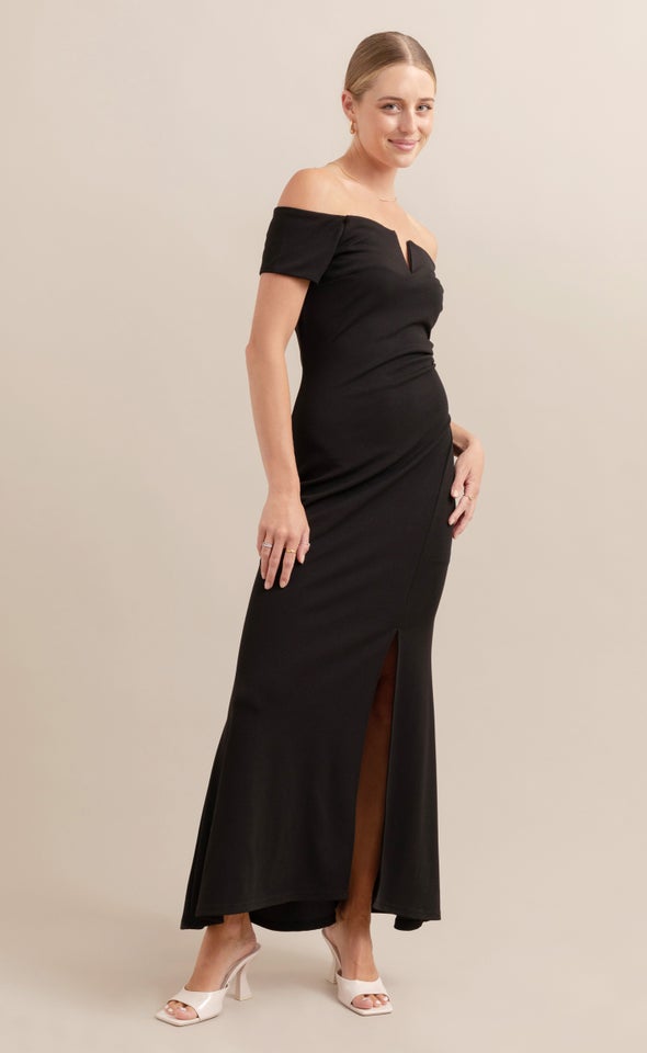 Textured Scuba Off The Shoulder Gown Black