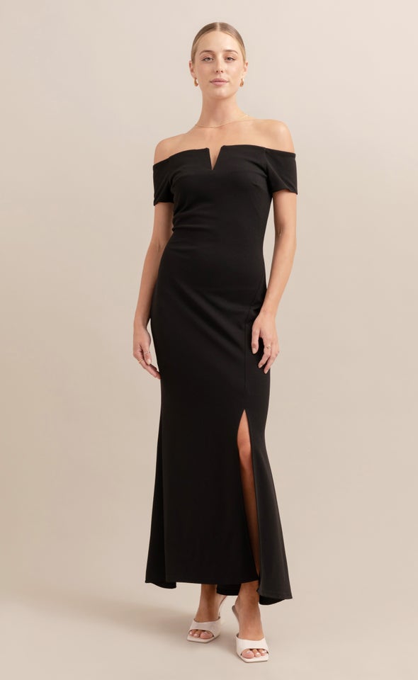 Textured Scuba Off The Shoulder Gown Black