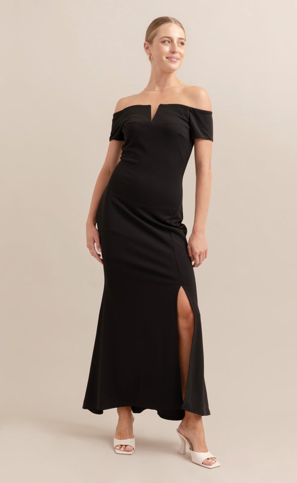 Textured Scuba Off The Shoulder Gown Black