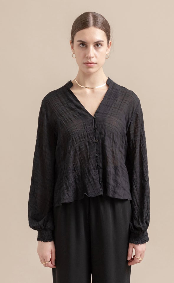 Textured Shirred Cuff Shirt Black