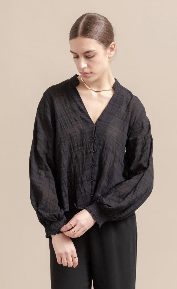 Textured Shirred Cuff Shirt Black