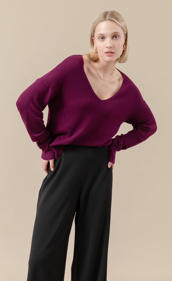 V Neck Sweater Aubergine