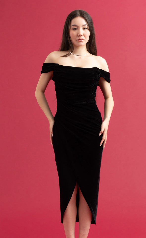 Velvet Corset Sleeve Midi Dress Black