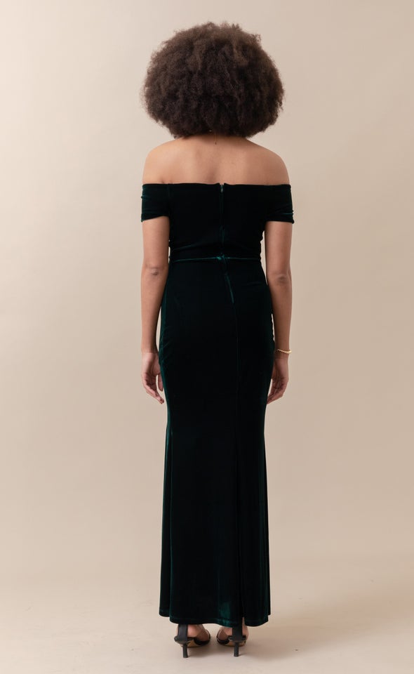 Velvet Off The Shoulder Gown Emerald