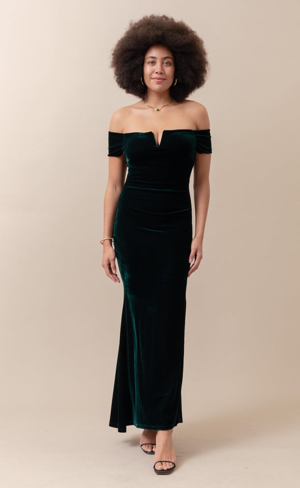 Velvet Off The Shoulder Gown Emerald