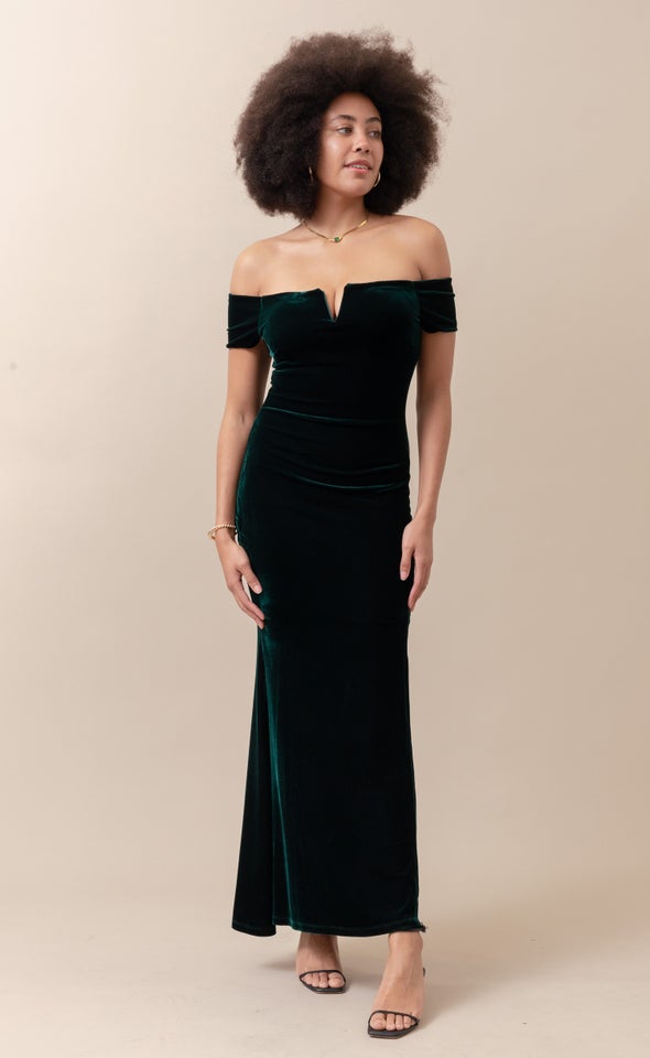 Velvet Off The Shoulder Gown Emerald