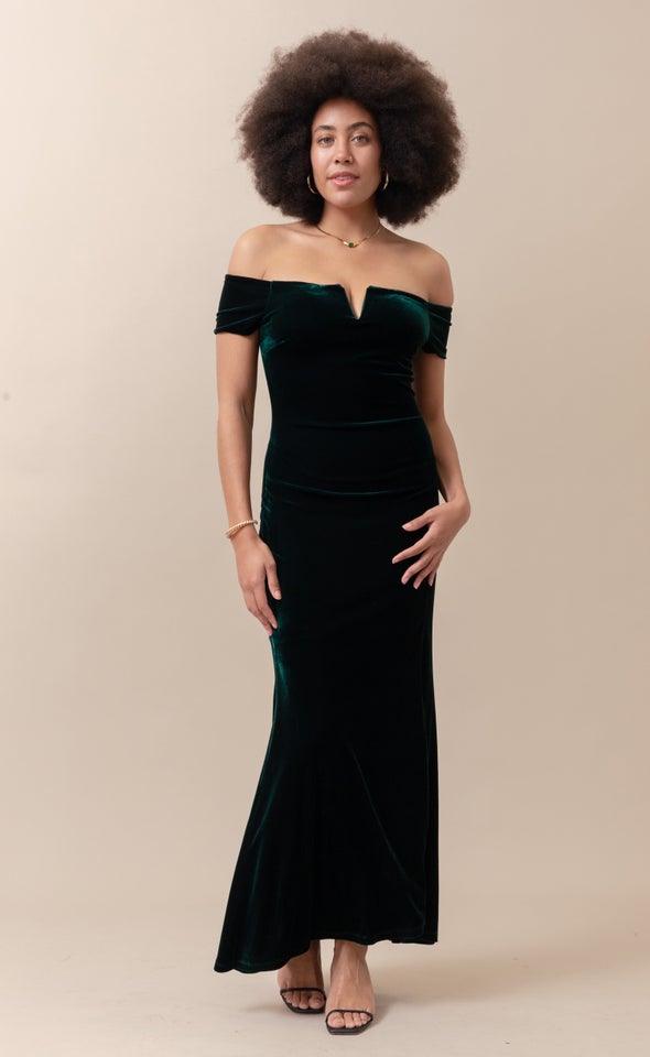 Velvet Off The Shoulder Gown Emerald