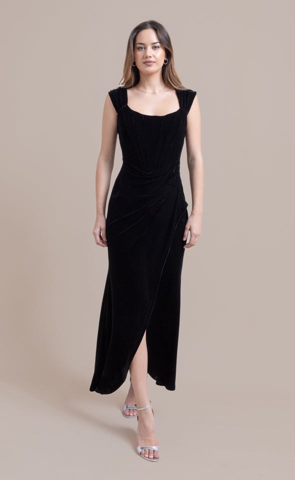 Velvet Pleated Corset Gown Black