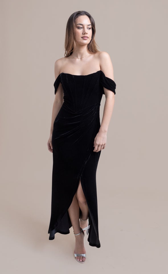 Velvet Pleated Corset Gown Black