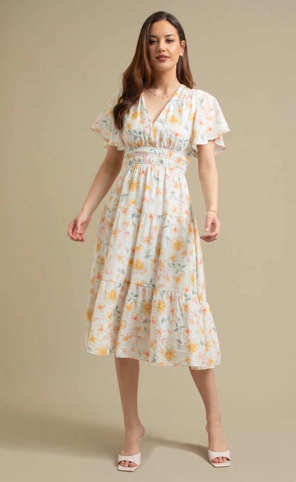 Voile Flutter Sleeve Dress Cream/floral