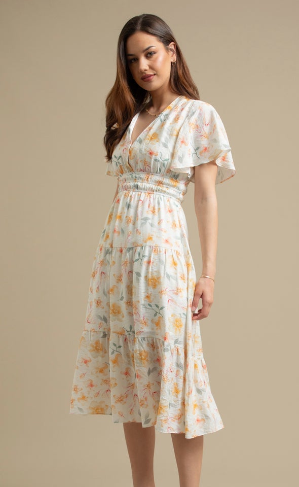 Voile Flutter Sleeve Dress Cream/floral