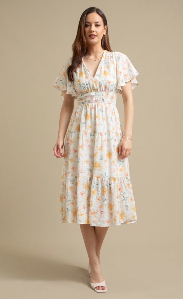 Voile Flutter Sleeve Dress Cream/floral