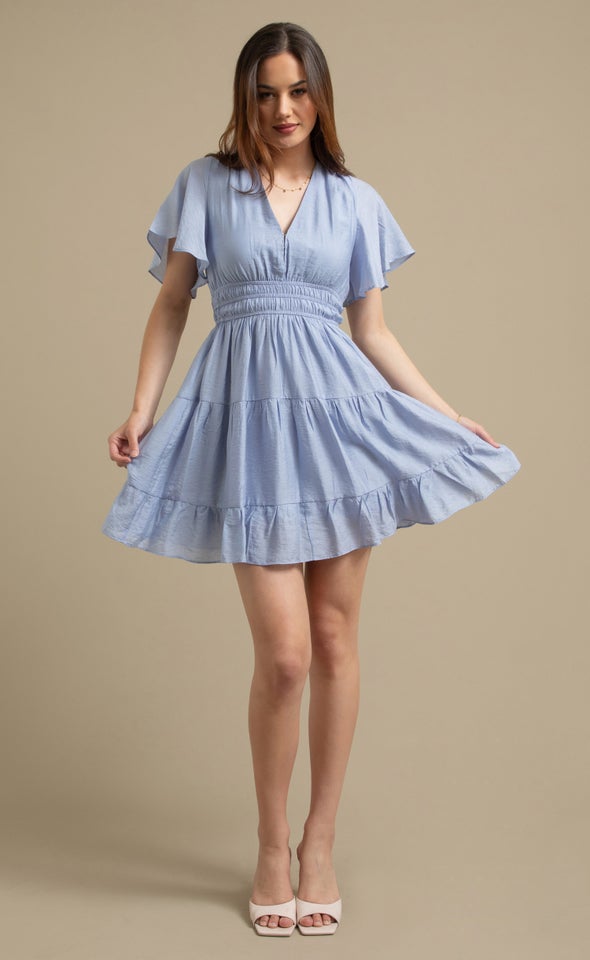 Voile Flutter Sleeve Short Tier Dress Heather