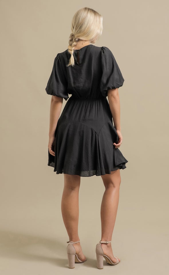 Voile Puff Sleeve Mini Dress Black/gold