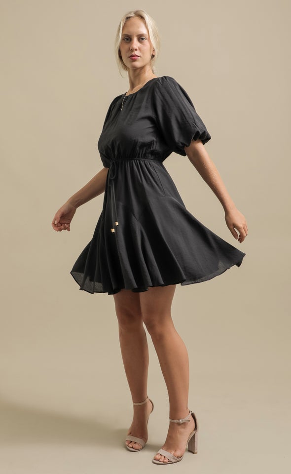 Voile Puff Sleeve Mini Dress Black/gold