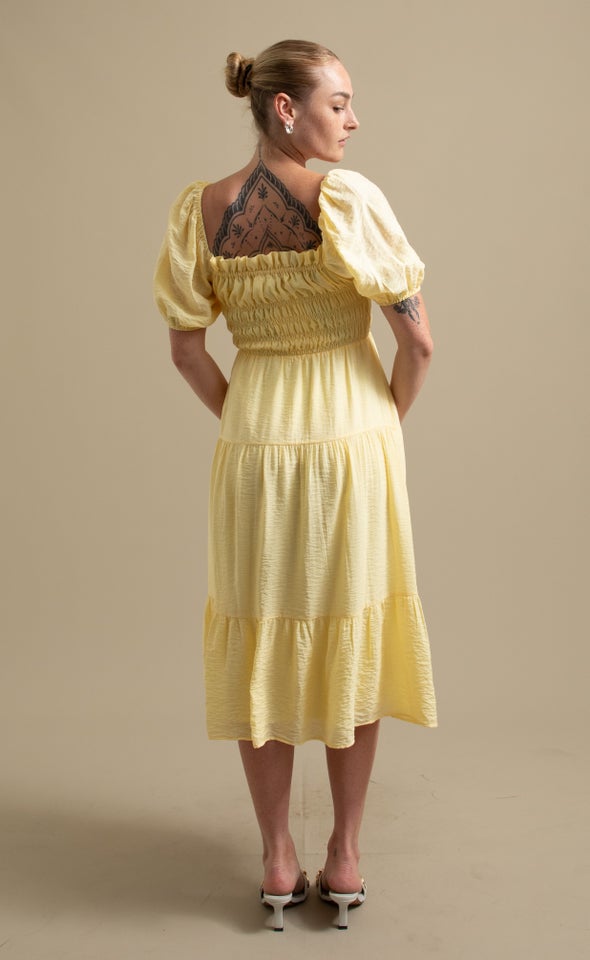 Voile Shirred Puff Slv Midi Dress Lemon