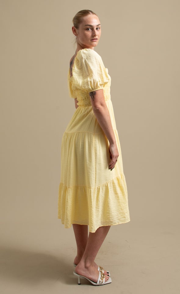 Voile Shirred Puff Slv Midi Dress Lemon