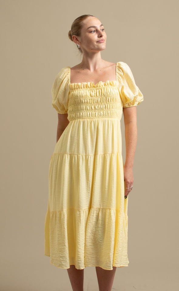 Voile Shirred Puff Slv Midi Dress Lemon