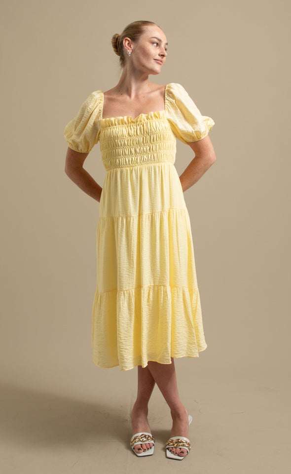 Voile Shirred Puff Slv Midi Dress Lemon