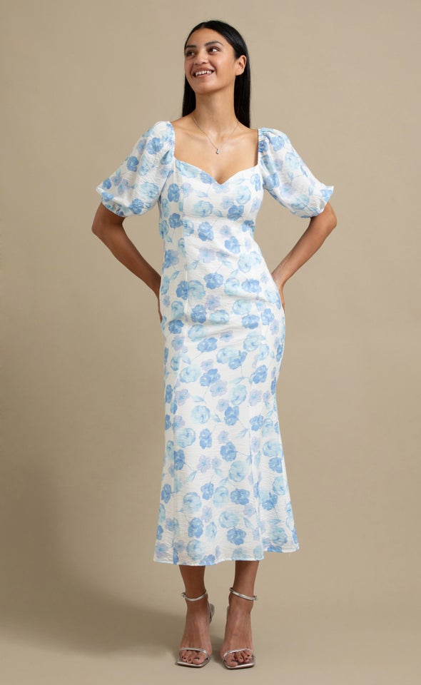 Voile Sweetheart Midi Dress Cream/blue Floral