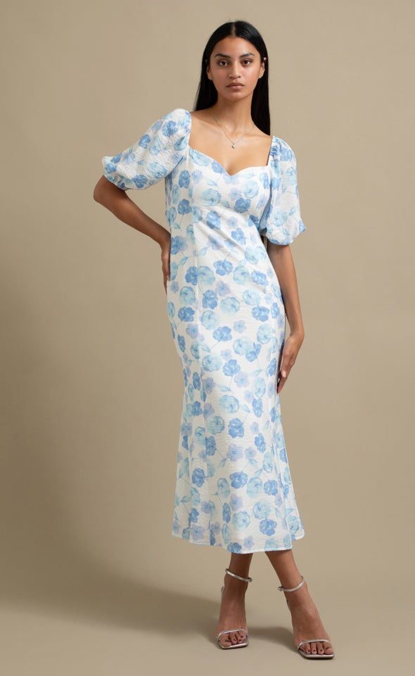 Voile Sweetheart Midi Dress Cream/blue Floral