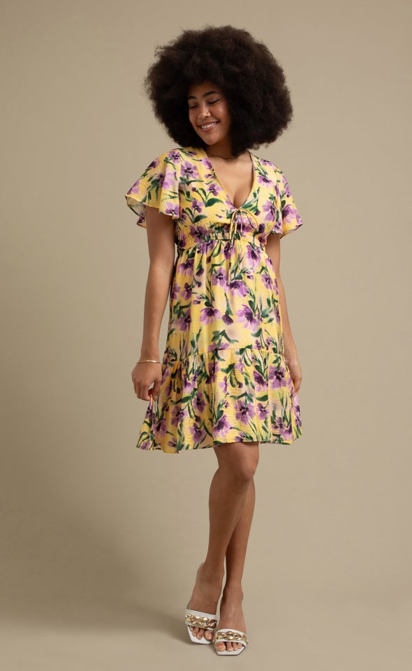 Voile Tie Front Dress Yellow/purple