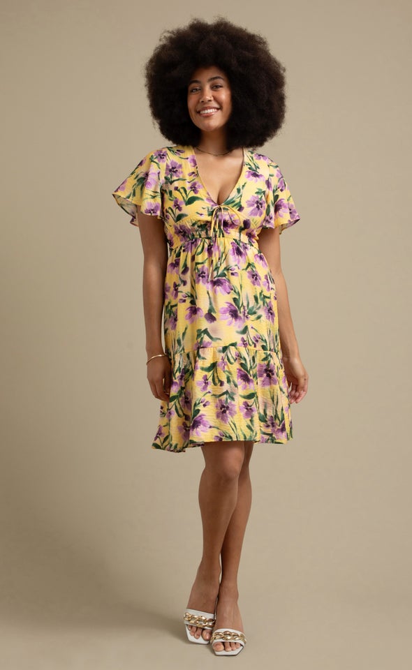 Voile Tie Front Dress Yellow/purple