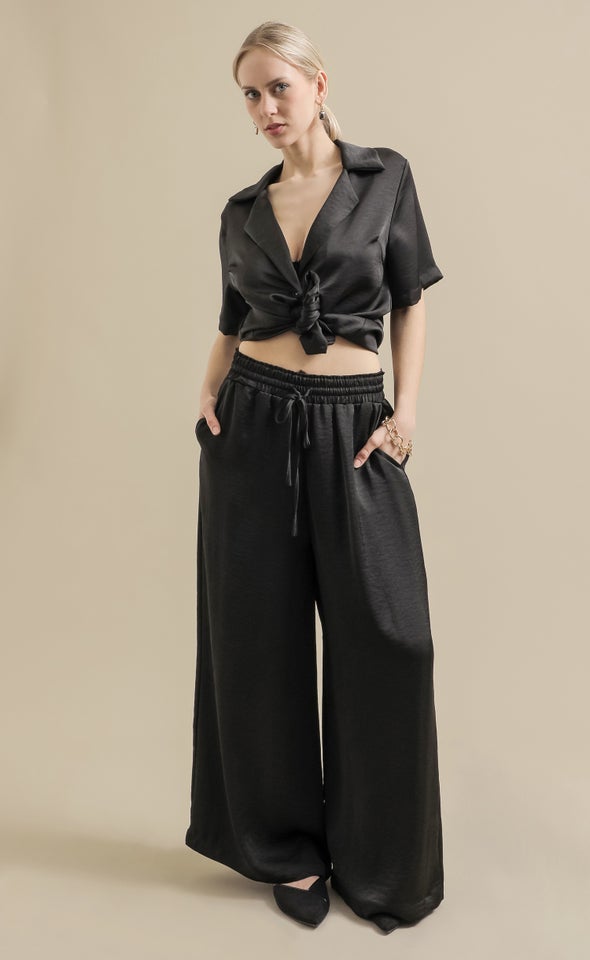 Wide Leg Satin Pants Black