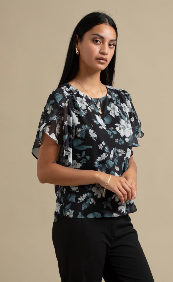 Yoryu Floral Tulip Sleeve Top Black/olive Print