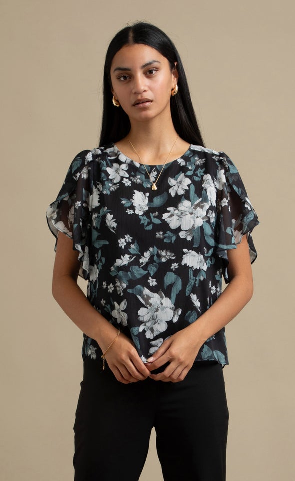 Yoryu Floral Tulip Sleeve Top Black/olive Print