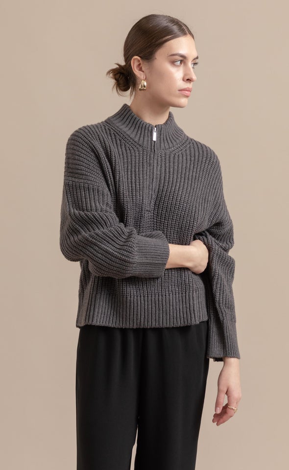 Zip Collar Marled Sweater Charcoal